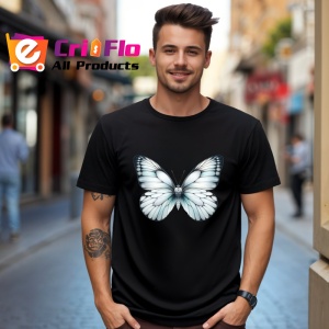 Tricou Fluture alb sidefat cu accente gri elegant si subtil Copii | Dama | Barbat, negru - Img 6