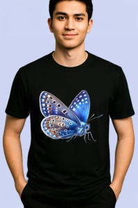 Tricou Fluture albastru cu corp maro stil realist natural Copii | Dama | Barbat, negru - Img 2