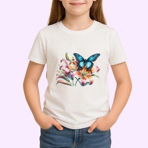 Tricou Fluture albastru cu negru pe flori de crin desen vibrant Copii | Dama | Barbat Barbat - Img 4