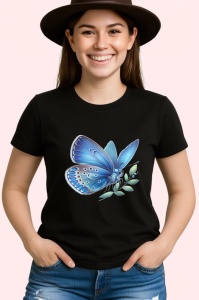 Tricou Fluture albastru pastel pe frunza fundal simplu Copii | Dama | Barbat, negru - Img 1
