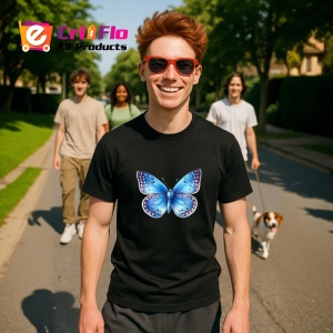 Tricou Fluture albastru pastelat cu buline simetrice Copii | Dama | Barbat, negru - Img 4