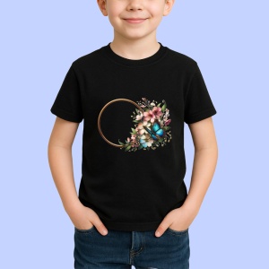 Tricou Fluture albastru pe coronita florala stil romantic decorativ Copii | Dama | Barbat, negru