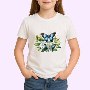 Tricou Fluture albastru pe flori albe compozitie florala calma Copii | Dama | Barbat Barbat - Img 4