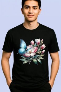 Tricou Fluture albastru pe flori de magnolie compozitie botanica Copii | Dama | Barbat, negru - Img 2