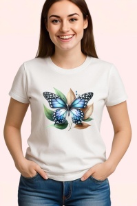 Tricou Fluture albastru pe frunze bej grafica decorativa Copii | Dama | Barbat Barbat - Img 3