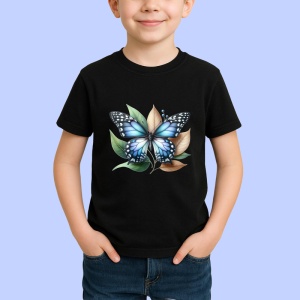 Tricou Fluture albastru pe frunze bej grafica decorativa Copii | Dama | Barbat, negru - Img 3