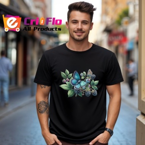 Tricou Fluture albastru pe mure compozitie botanica decorativa Copii | Dama | Barbat, negru - Img 5