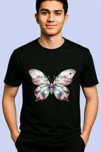 Tricou Fluture bej cu albastru si accente florale artistice Copii | Dama | Barbat, negru - Img 2