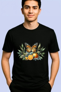 Tricou Fluture pe fundal cu frunze si portocale design compozitional Copii | Dama | Barbat Barbat - Img 5