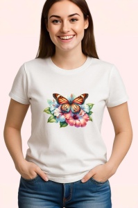 Tricou Fluture portocaliu pe hibiscus stil exotic feminin Copii | Dama | Barbat Barbat - Img 3