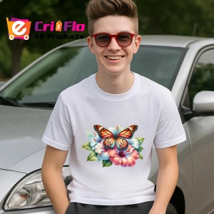 Tricou Fluture portocaliu pe hibiscus stil exotic feminin Copii | Dama | Barbat Barbat - Img 9