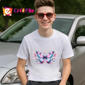 Tricou Fluture roz albastru cu flori decorative stil eteric Copii | Dama | Barbat Barbat - Img 9