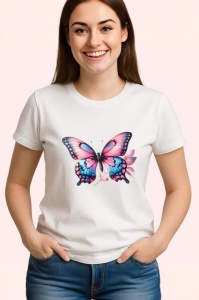 Tricou Fluture roz pastel cu albastru pe fundal floral Copii | Dama | Barbat Barbat - Img 3