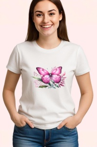 Tricou Fluture roz pe crenguta cu frunze stil feminin delicat Copii | Dama | Barbat Barbat - Img 3