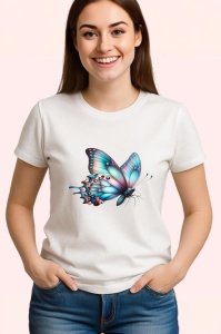 Tricou Fluture roz si turcoaz cu aripi rotunjite stil vesel Copii | Dama | Barbat Barbat - Img 3