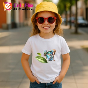 Tricou Fluture turcoaz si maro pe frunze stil botanic realist Copii | Dama | Barbat Barbat - Img 15