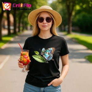 Tricou Fluture turcoaz si maro pe frunze stil botanic realist Copii | Dama | Barbat Barbat - Img 23