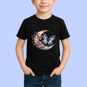 Tricou Fluturi albastri si maro pe luna si flori compozitie mistica Copii | Dama | Barbat Barbat - Img 5