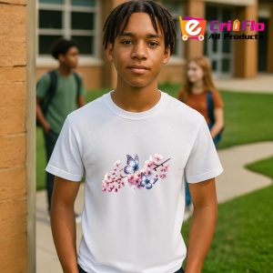 Tricou Fluturi mici pe crengute cu flori roz fundal eteric Copii | Dama | Barbat Barbat - Img 7