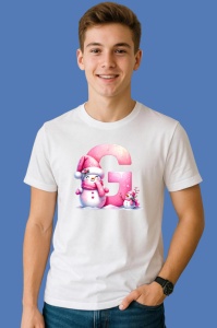 Tricou G Litera Craciun Roz Cu Om De Zapada Fulgi De Zapada, din bumbac 100% Copii | Dama | Barbat - Img 2