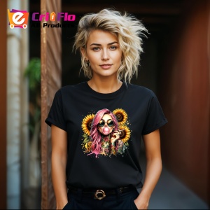 Tricou Girl bubblegum sunflower sunglasses, fata guma de mestecat cu ochelari si floarea soarelui, Copii | Dama | Barbat , tricou negru - Img 8