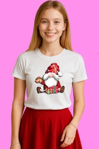 Tricou Gnome Cu Sac Mos Craciun, din bumbac 100%, tricou alb, Copii | Dama | Barbat - Img 3
