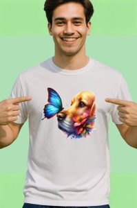 Tricou Golden Retriever cu fluture albastru si flori desen adorabil de vara Copii | Dama | Barbat Barbat - Img 2