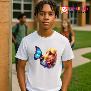 Tricou Golden Retriever cu fluture albastru si flori desen adorabil de vara Copii | Dama | Barbat Barbat - Img 8
