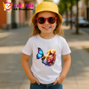 Tricou Golden Retriever cu fluture albastru si flori desen adorabil de vara Copii | Dama | Barbat Barbat - Img 14