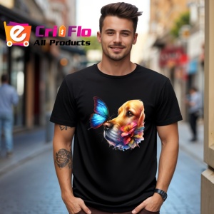 Tricou Golden Retriever cu fluture albastru si flori desen adorabil de vara Copii | Dama | Barbat Barbat - Img 17