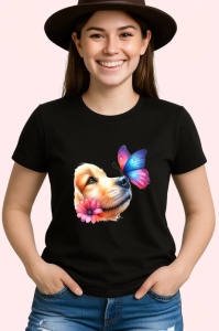 Tricou Golden Retriever cu fluture pe nas si fundal roz pastel Copii | Dama | Barbat Barbat - Img 6