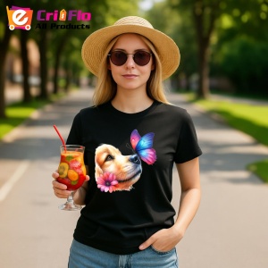 Tricou Golden Retriever cu fluture pe nas si fundal roz pastel Copii | Dama | Barbat Barbat - Img 22