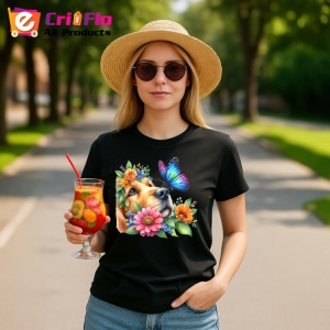 Tricou Golden Retriever printre flori si fluture violet atmosfera de vara Copii | Dama | Barbat Barbat - Img 22