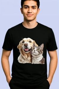 Tricou Golden Retriever si pisica gri tabby fericire in doi Copii | Dama | Barbat Barbat - Img 5