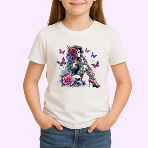 Tricou goth girl skulls roses butterflies, fata goth cu cranii trandafiri si fluturi, Copii | Dama | Barbat - Img 3