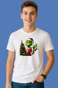 Tricou Grinch Cu Brad Si Globuri, din bumbac 100%, tricou alb, Copii | Dama | Barbat - Img 2
