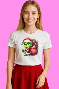 Tricou Grinch Cu Sacul Plin De Daruri, din bumbac 100%, tricou alb, Copii | Dama | Barbat