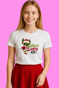 Tricou Grinch Mode On Stich, din bumbac 100%, tricou alb, Copii | Dama | Barbat