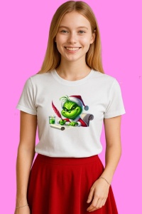 Tricou Grinch Scrie Lista De Craciun Cu Pana Rosie, din bumbac 100%, tricou alb, Copii | Dama | Barbat - Img 3