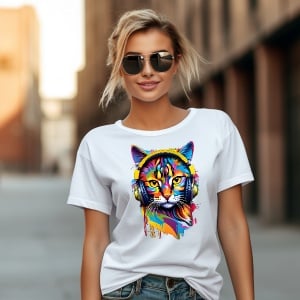 Femeie zâmbitoare purtând ochelari de soare și un tricou alb cu un design grafic vibrant ce prezintă un cap de pisică purtând căști, în culori strălucitoare și abstracte, pozând pe o stradă urbană.