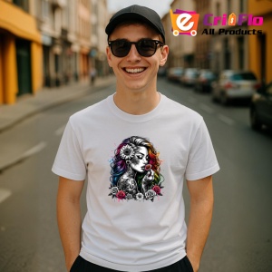 Tricou half black half color girl skull tattoo, fata jumatate alb negru cu tatuaj craniu, Copii | Dama | Barbat - Img 6