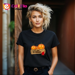 Tricou Halloween Dovleci Decor Lemn, din bumbac 100%, tricou negru, Dama | Barbat - Img 6