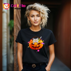 Tricou Halloween Pumpkin Cat, din bumbac 100%, tricou negru, Dama | Barbat - Img 6