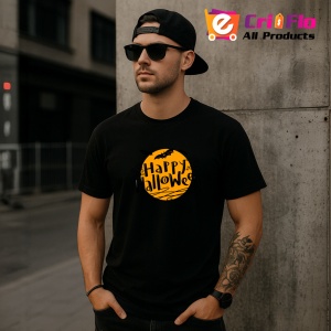 Tricou Happy Halloween Text Portocaliu, din bumbac 100%, tricou negru, Dama | Barbat - Img 4