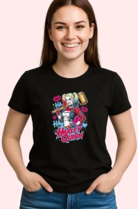 Tricou Harley quinn stil comic fundal albastru, Copii | Dama | Barbat , tricou negru