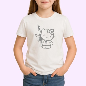 Tricou Hello Kitty Cu Arma Personaj Amuzant Negru, din bumbac 100% , tricou alb pentru Copii | Dama | Barbat - Img 2