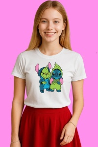 Tricou Horror Grinch And Stitch Christmas, din bumbac 100%, tricou alb, Copii | Dama | Barbat - Img 3