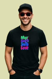 Tricou Hug Laugh Smile Love Text Colorat V1, din bumbac 100%, tricou negru Copii | Dama | Barbat