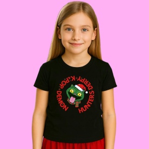Tricou Huntrix K Pop Hunters Demon Cerc Text Kpop Demon Hunters Mascot, din bumbac 100%, tricou negru, Copii | Dama | Barbat
