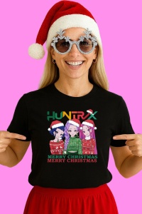 Tricou Huntrix K Pop Hunters Demon Trio Fete Merry Christmas Text, din bumbac 100%, tricou negru, Copii | Dama | Barbat